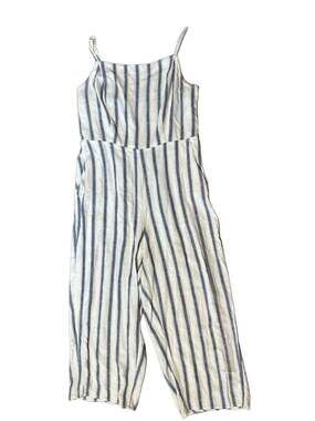 Old Navy Blue and White Striped Linen-Blend Smocked Jumpsuit Size L